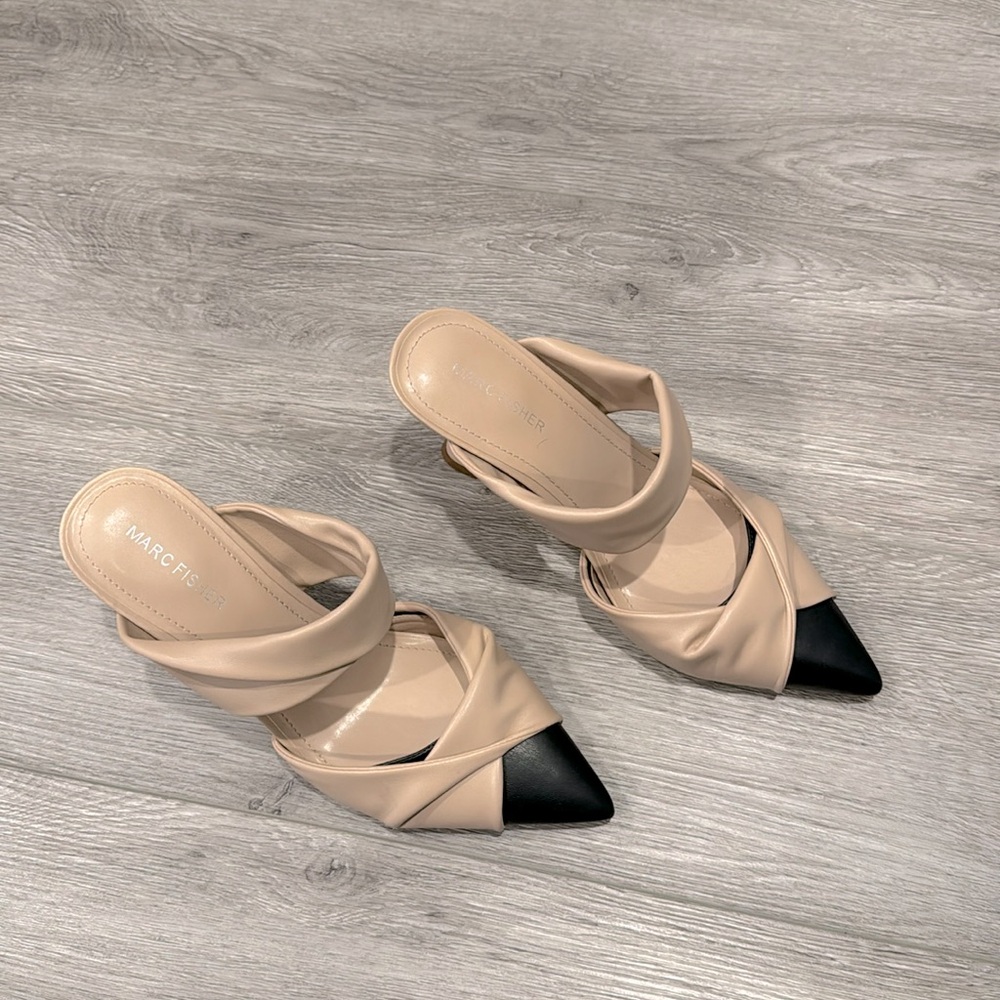 🆕 Marc Fisher style: MF Heaton tan and black pointy toe pumps Size 9